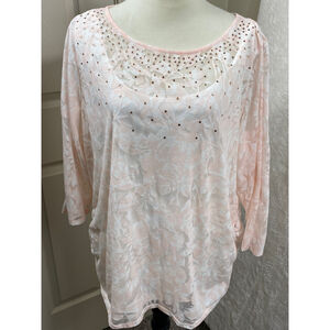Ruby Rd Embellished Sheer Floral Burnout Top 3/4 Sleeve Pink White 1X Balletcore